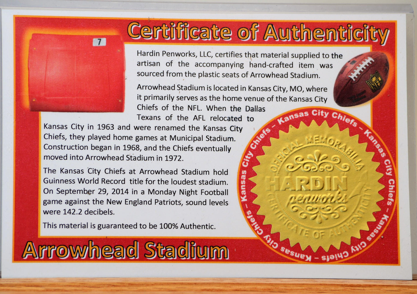 Handcrafted Pen Made From Kanas City Chiefs Arrowhead Stadium Seat