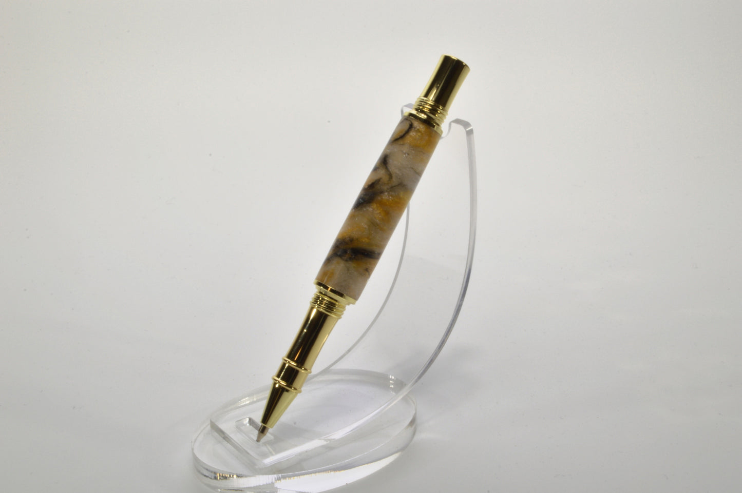 Handcrafted Rollerball Pen in Gold Finish – White, Gold & Black Acrylic Body with Wooden Display Case