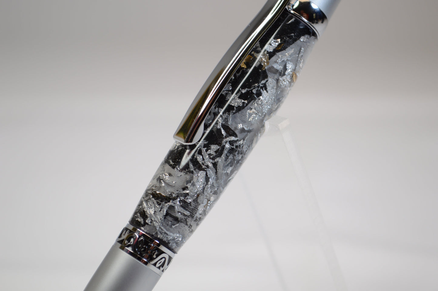 Elegant Satin Chrome and Chrome Twist Pen with Silver & Black Gilding Cast in Clear Acrylic