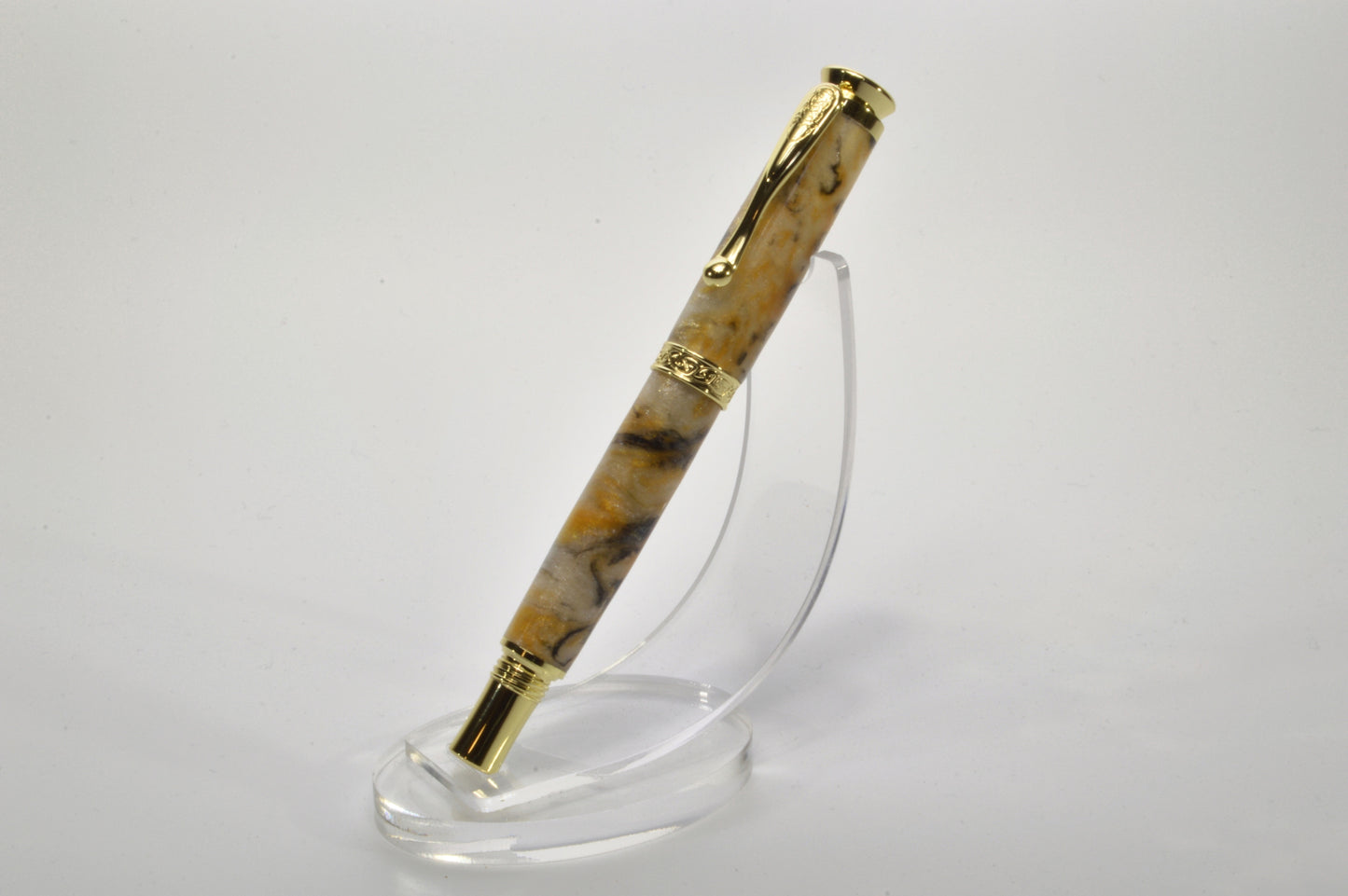 Handcrafted Rollerball Pen in Gold Finish – White, Gold & Black Acrylic Body with Wooden Display Case