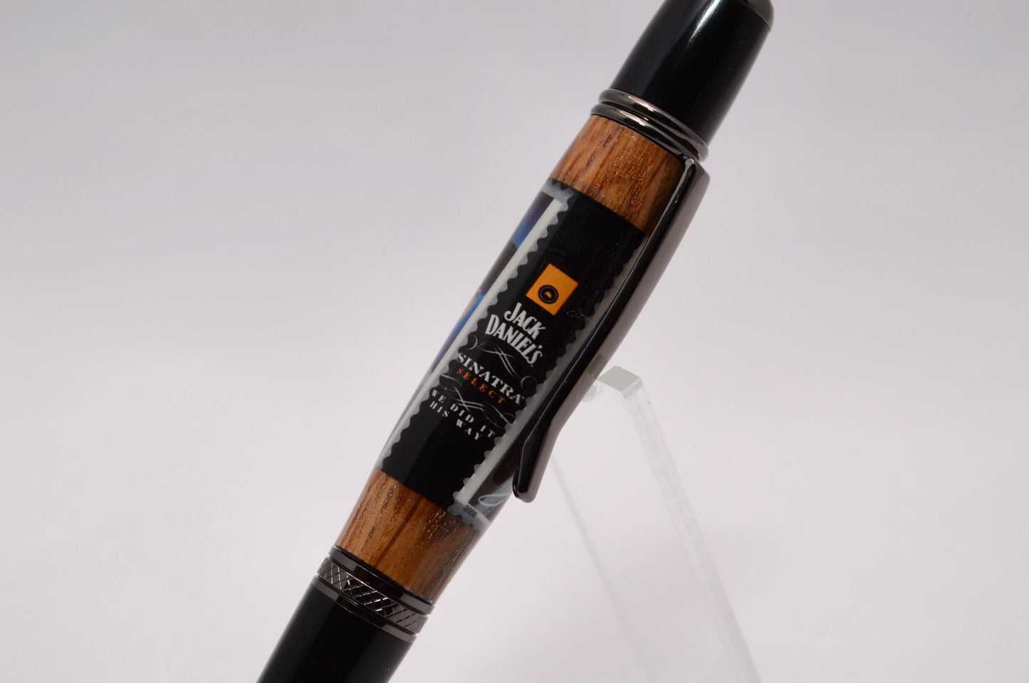 Handcrafted Twist Pen made from Whiskey Barrel and Frank Sinatra Stamp in Gunmetal & Black Chrome Finish