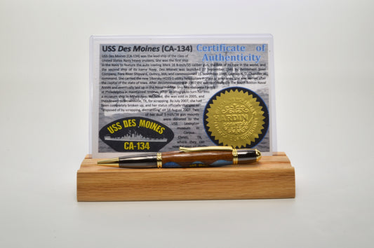 Handcrafted Pen Made with Wood From The USS Des Moines in Gold and Gunmetal Finish