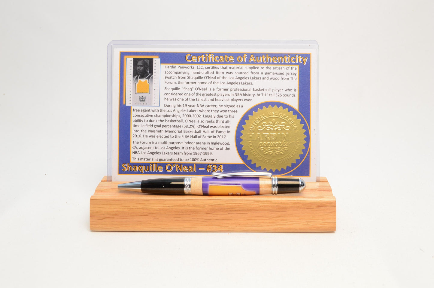 Handcrafted Pen Made With a Swatch from a Shaquille O'Neal Game Used Jersey and Wood from The Forum