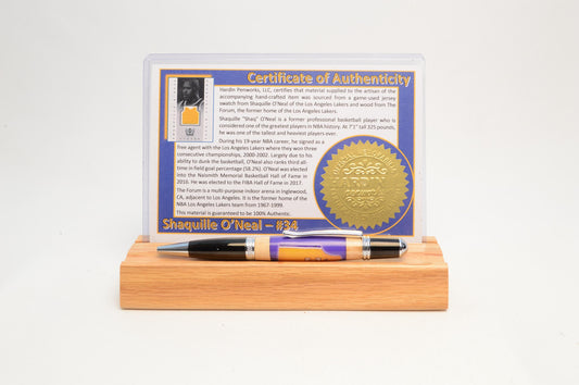 Handcrafted Pen Made With a Swatch from a Shaquille O'Neal Game Used Jersey and Wood from The Forum