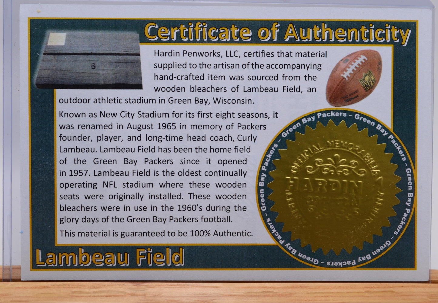 Handcrafted Pen Made From The Green Bay Packers Lambeau Field Wooden Bleachers