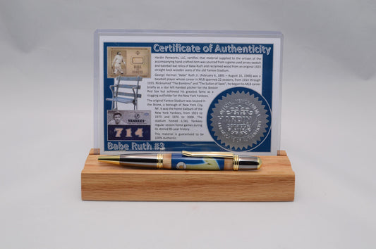 Handcrafted Pen Made From Babe Ruth Game Used Jersey, Bat, and Stadium Seat Wood From Yankees Stadium