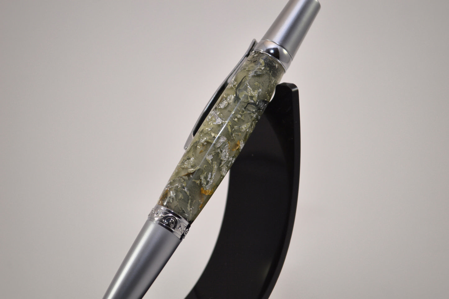 Elegant Satin Chrome and Chrome Twist Pen with Silver & Black Gilding Cast in Clear Acrylic