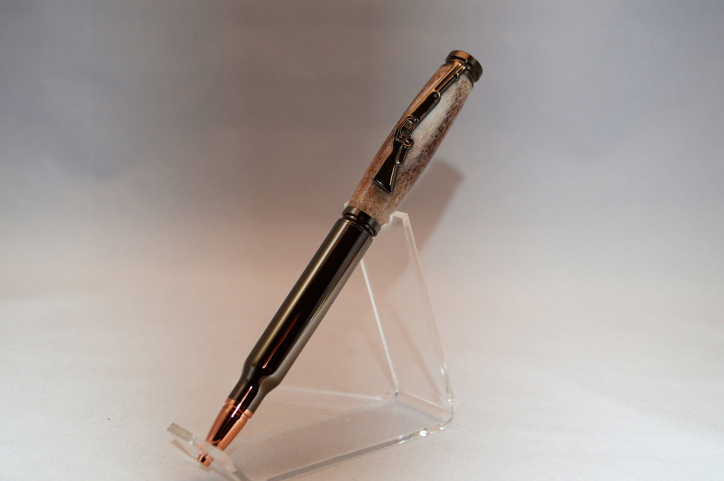 Deer Antler Bullet Cartridge Twist Pen  in Gunmetal Finish with Velvet Gift Bag