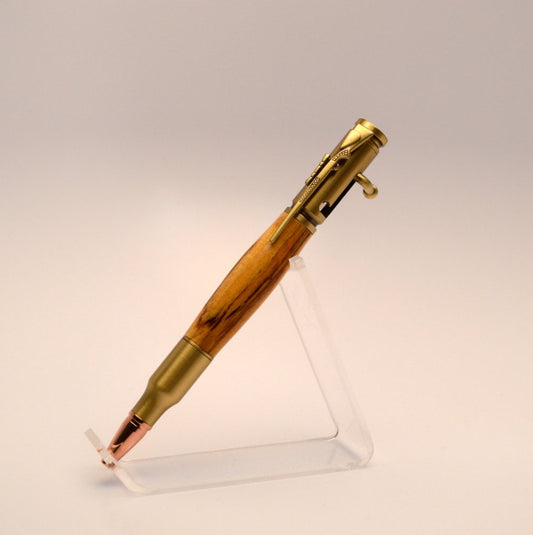 Bolt Action Spalted Pecan Bullet Pen in Antique Brass Finish