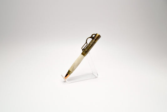 Lever Action Bullet Pen with Deer Antler in Antique Brass Finish with Velvet Pouch