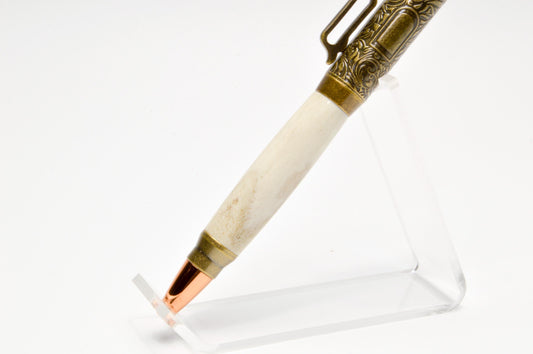 Lever Action Bullet Pen with Deer Antler in Antique Brass Finish with Velvet Pouch