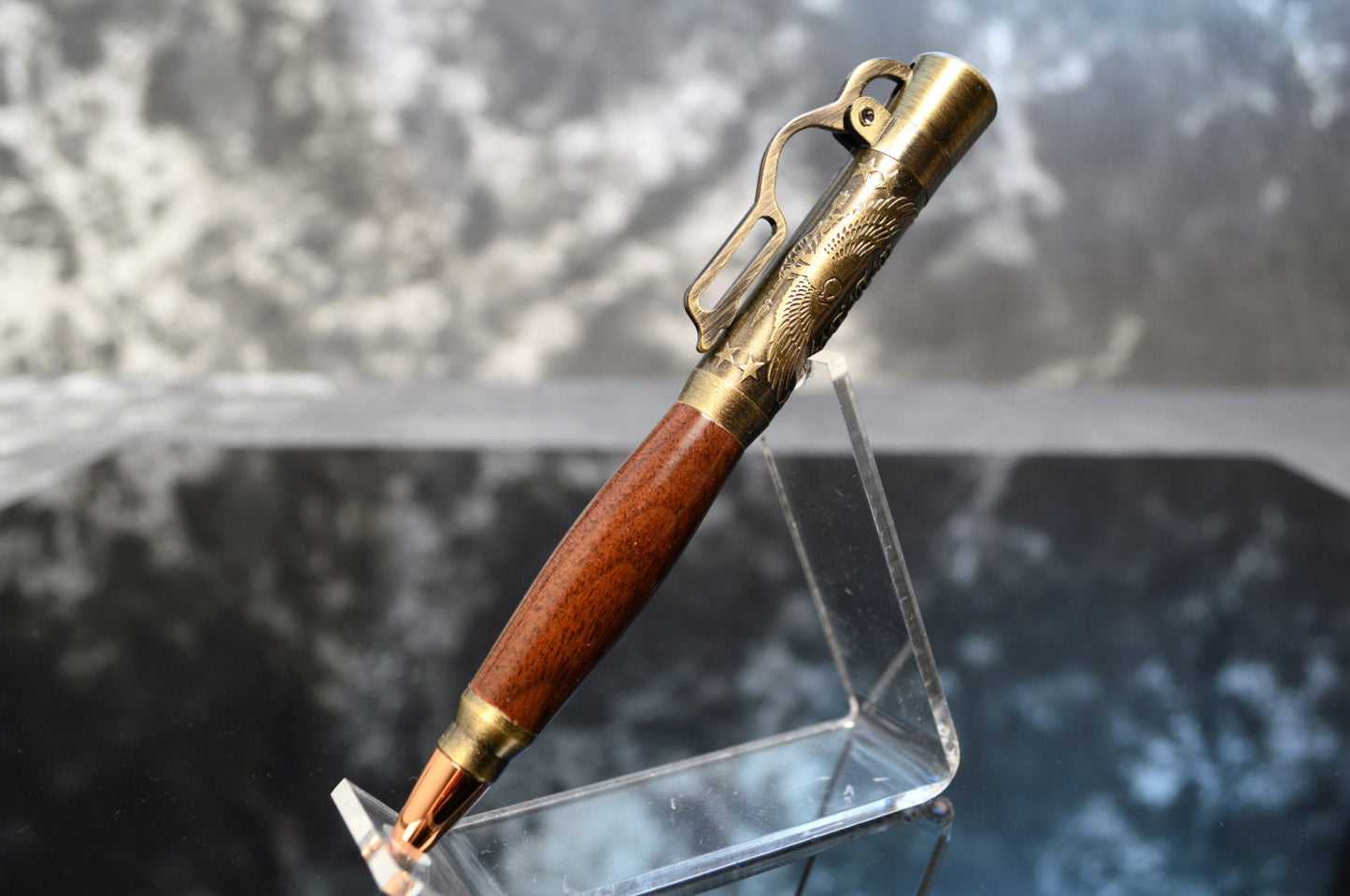 North Georgia Walnut "American Pride" Lever Action Bullet Pen in Antique Brass Finish with Velvet Pouch